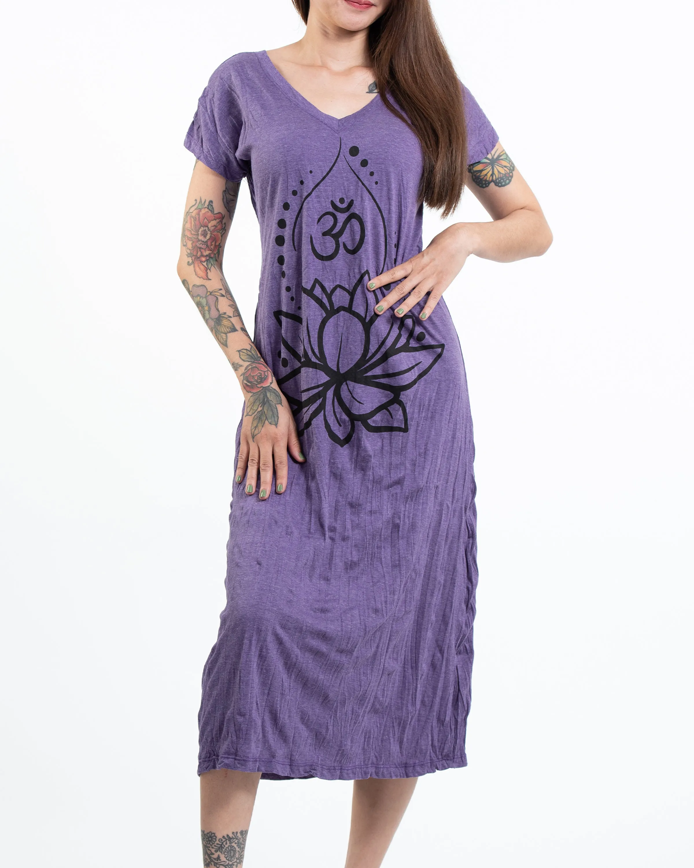 Womens Lotus Om V Neck Long Dress in Purple