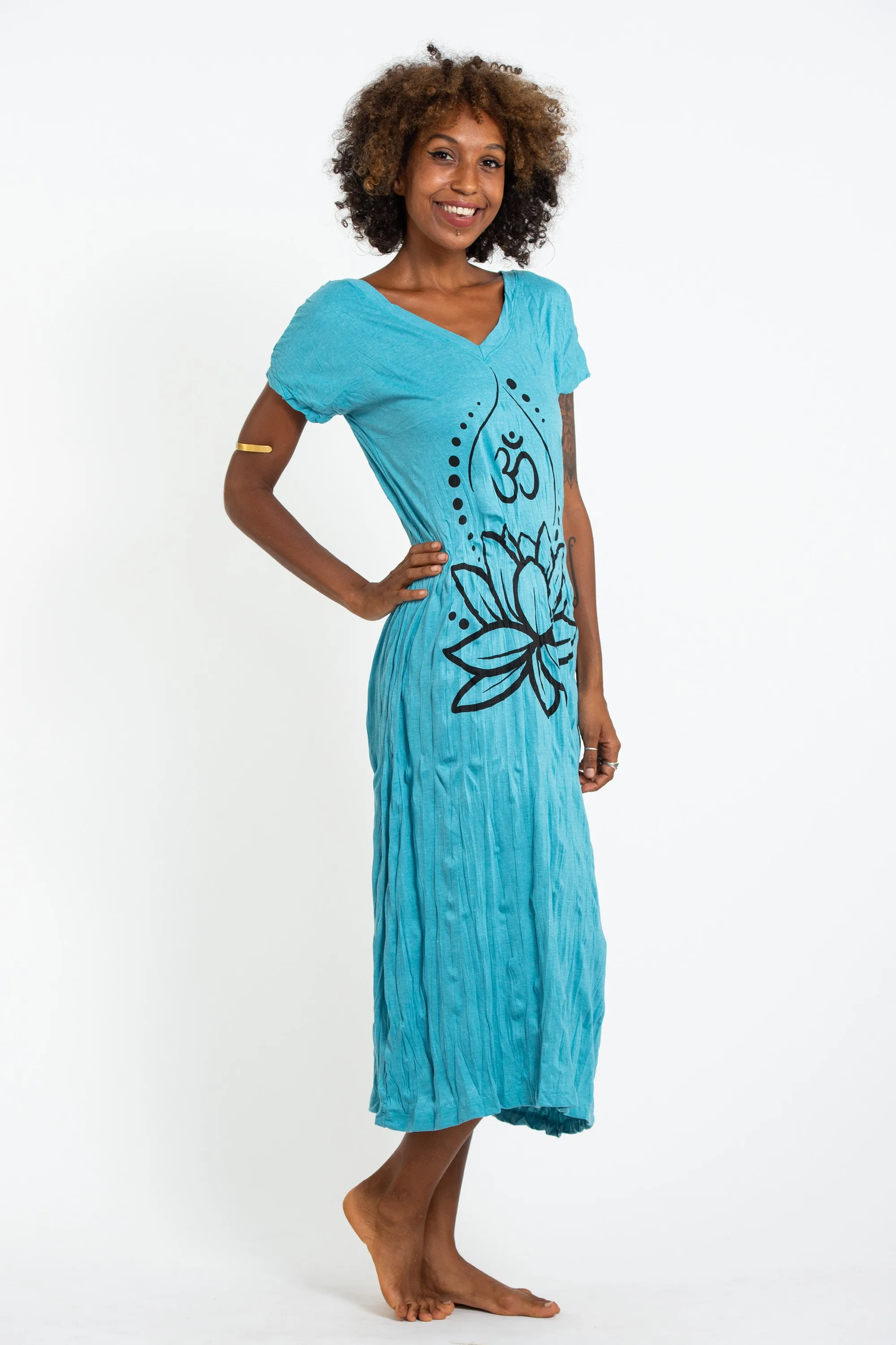 Womens Lotus Om V Neck Long Dress in Turquoise