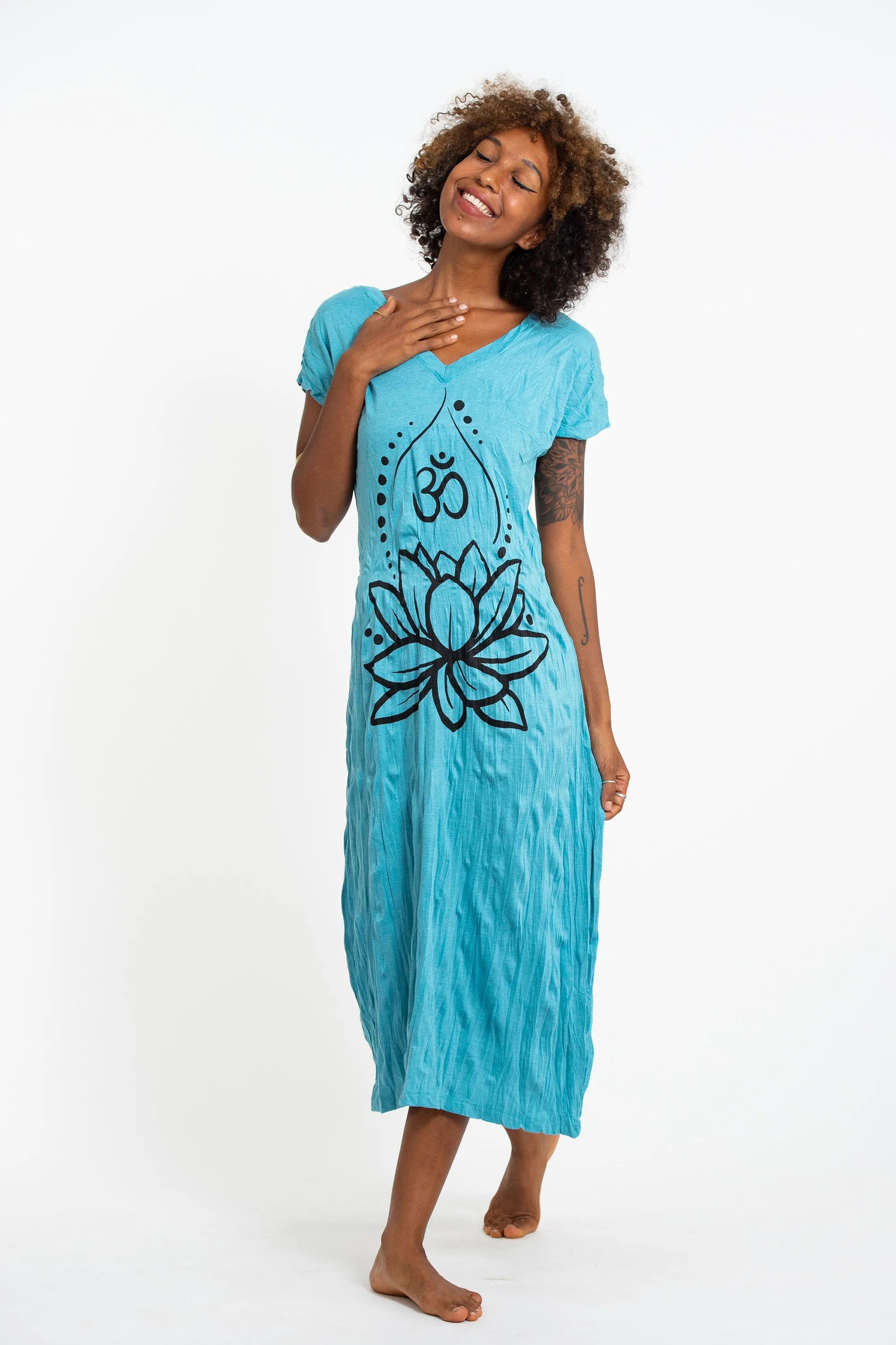 Womens Lotus Om V Neck Long Dress in Turquoise