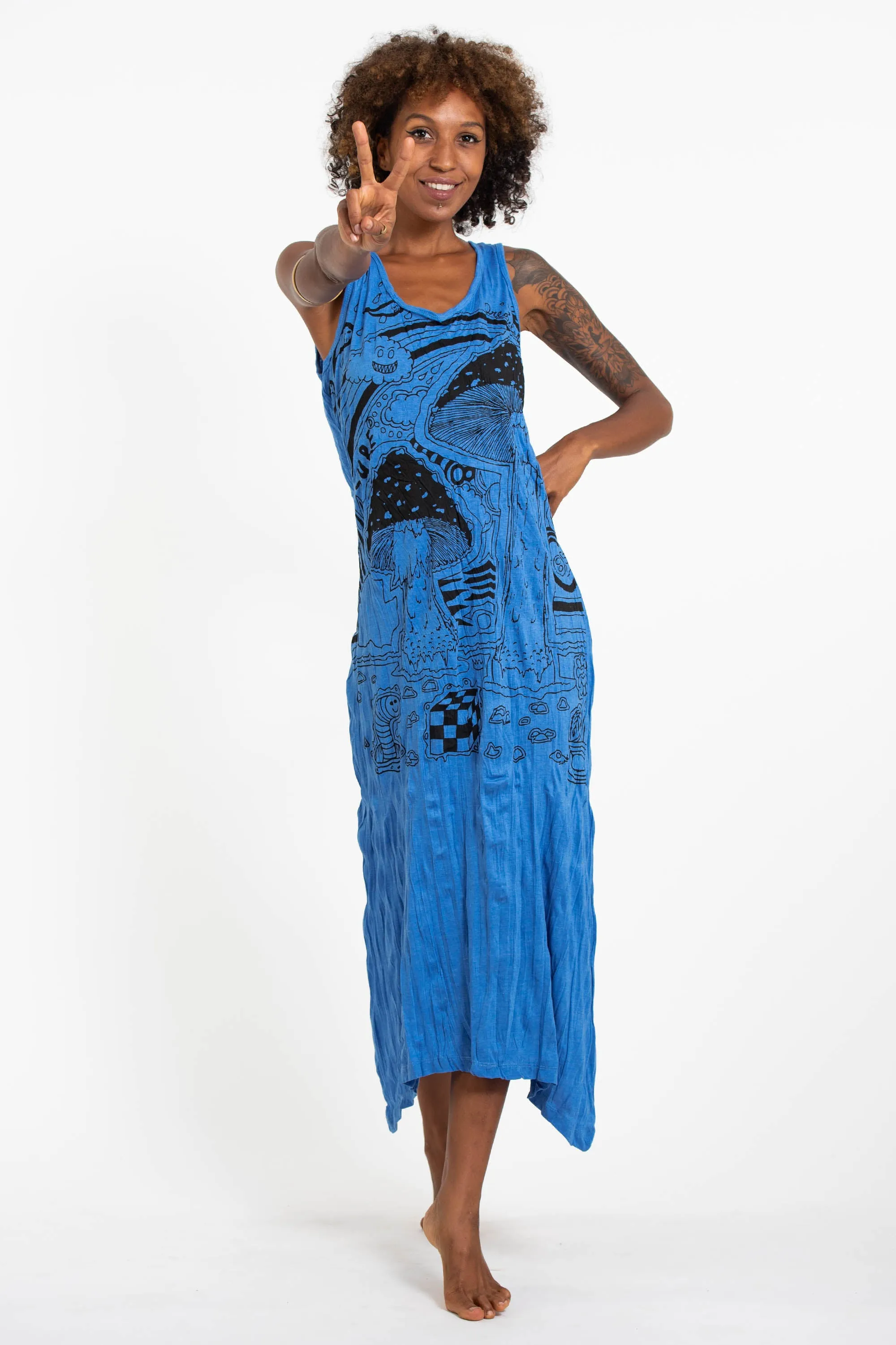 Womens Magic Mushroom Long Tank Dress in Blue