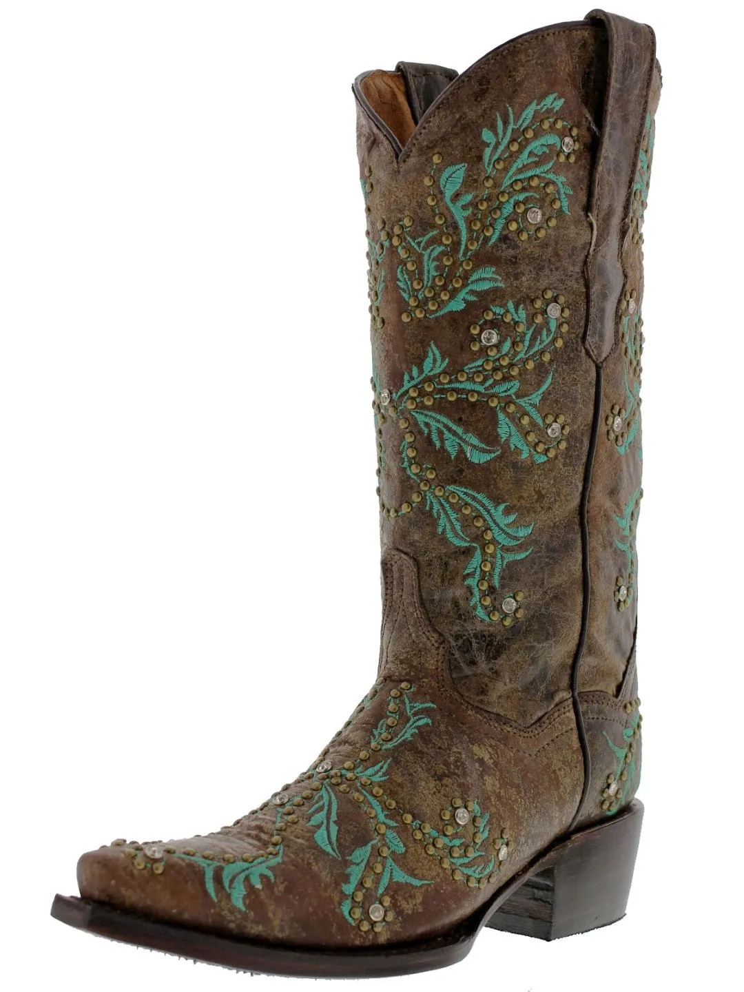 Womens Malaga Brown Leather Cowboy Boots Embroidered - Snip Toe