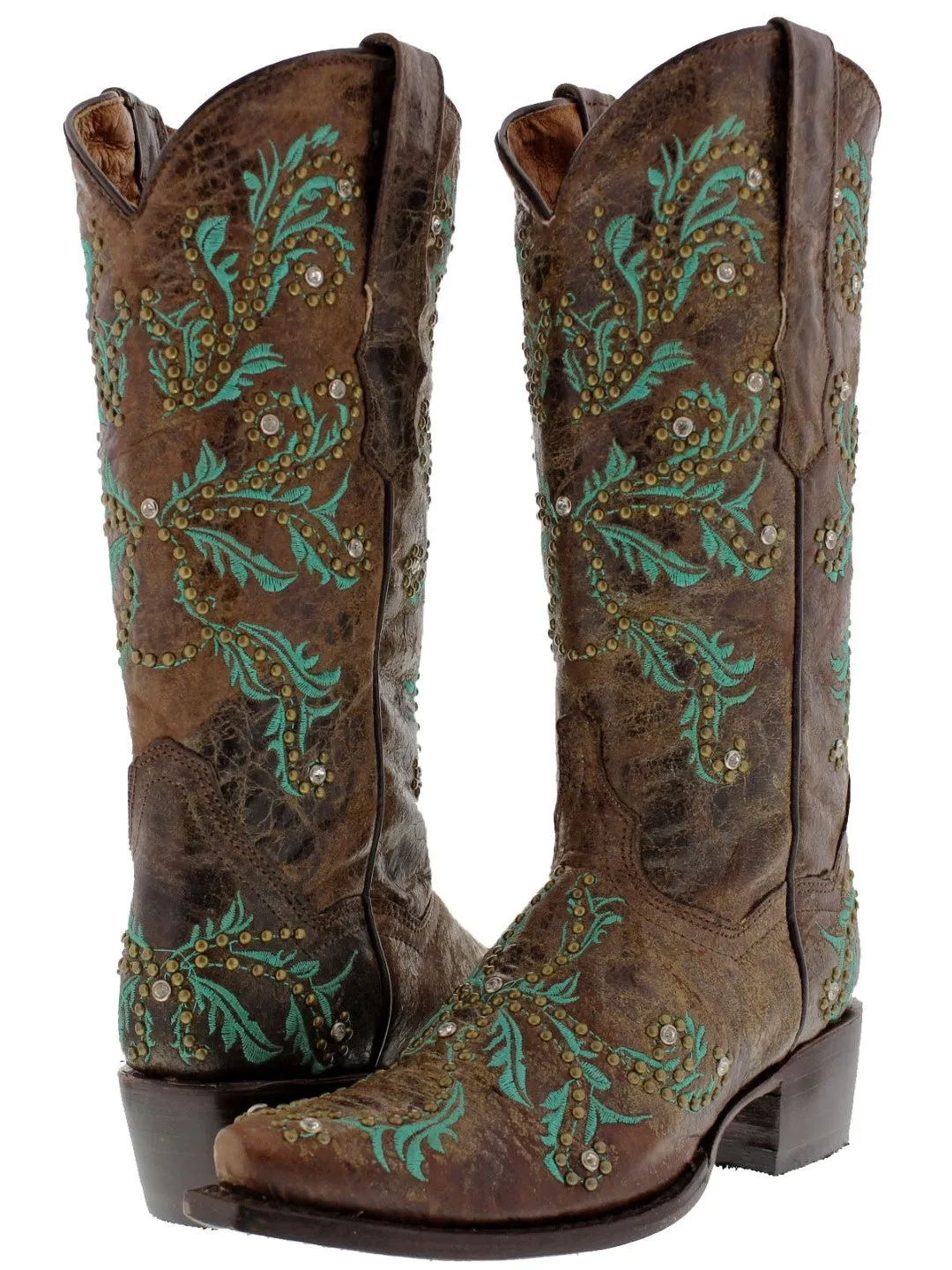 Womens Malaga Brown Leather Cowboy Boots Embroidered - Snip Toe