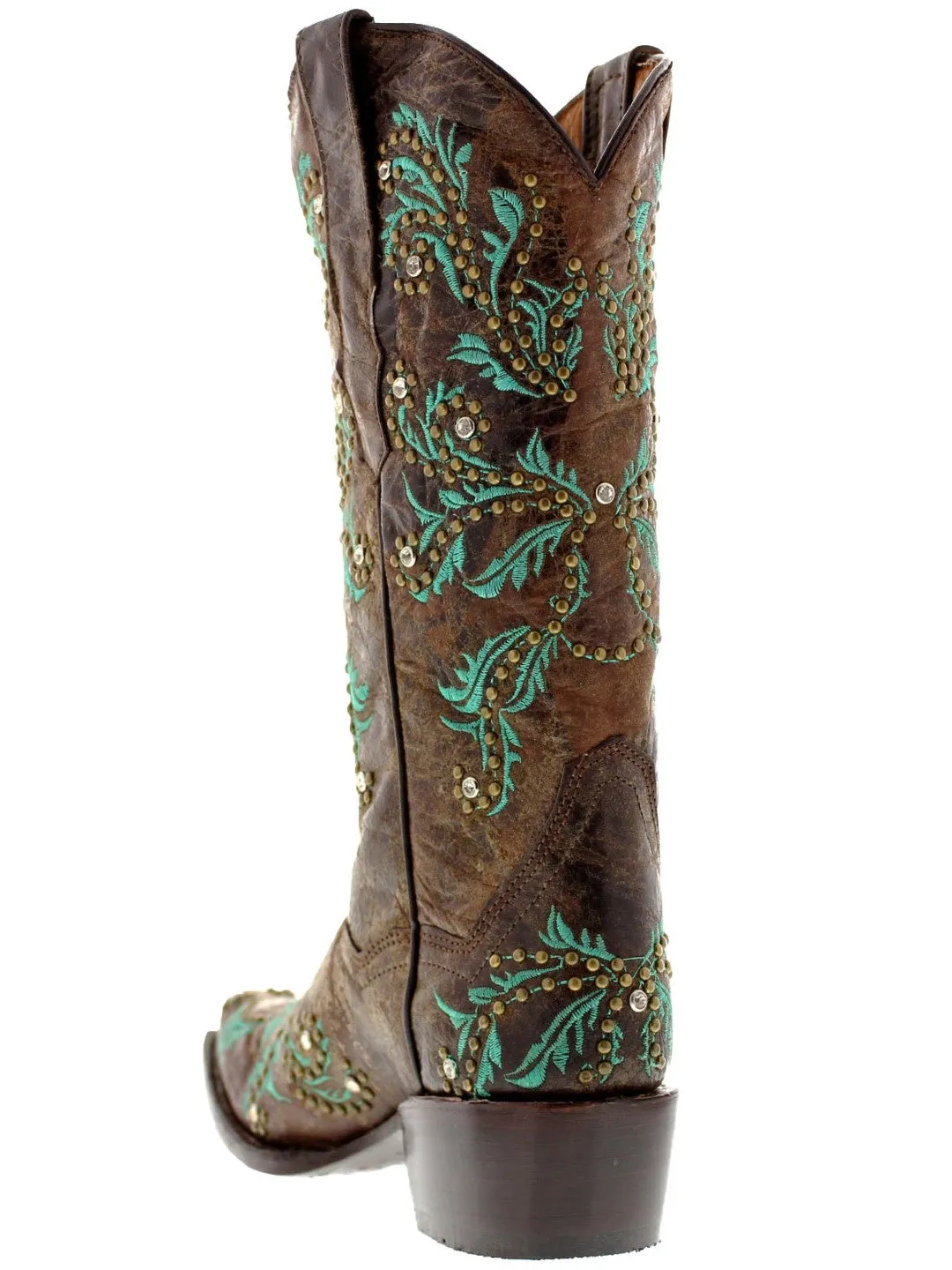 Womens Malaga Brown Leather Cowboy Boots Embroidered - Snip Toe