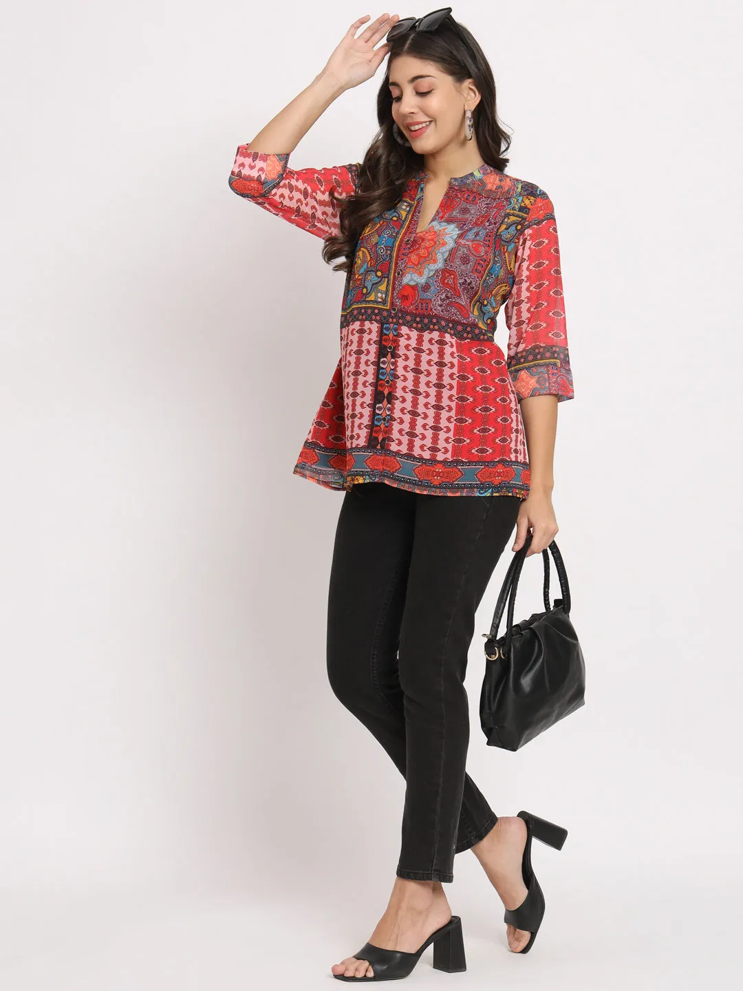 Women's Mandarin Collar Printed Ethnic Kurti