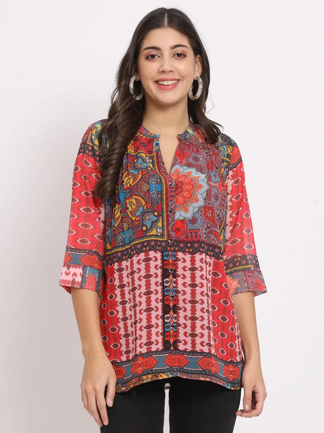 Women's Mandarin Collar Printed Ethnic Kurti