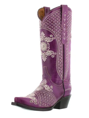 Womens Marfil Purple Wedding Cowboy Boots Studded - Snip Toe