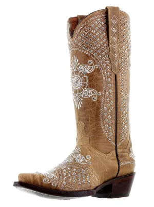 Womens Marfil Sand Wedding Cowboy Boots Rhinestones - Snip Toe