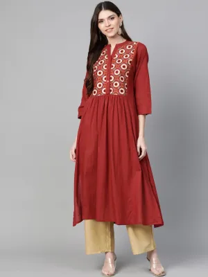 Women'S Maroon & Beige Embroidered Kurta With Palazzos