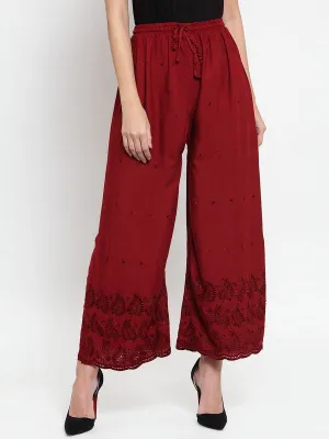 Women'S Maroon Chikankari Rayon Palazzo