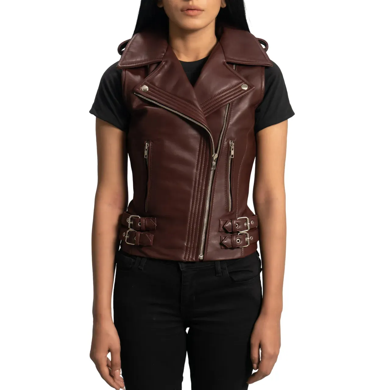 Womens Maroon Leather Biker Vest