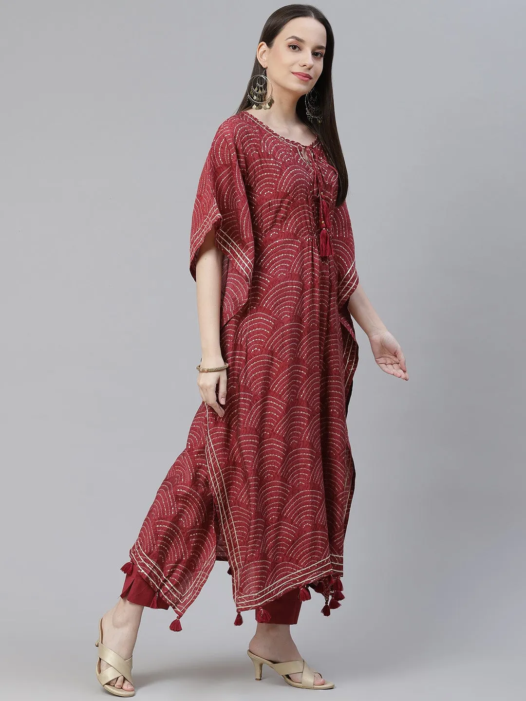 Women'S Maroon Rayon Bandhej Kaftan Pant Set