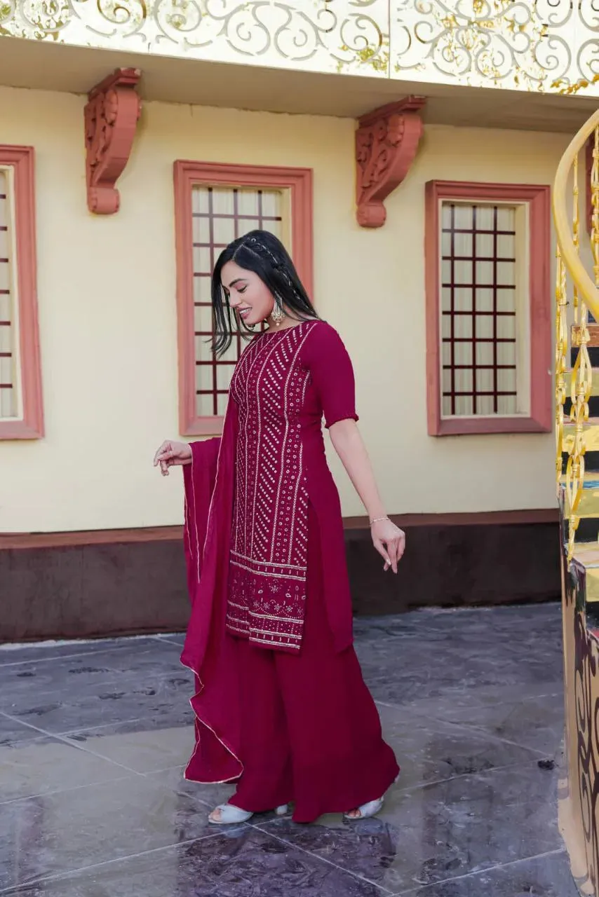 Women's Maroon Sharara Suit with Embroidery