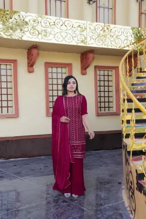 Women's Maroon Sharara Suit with Embroidery