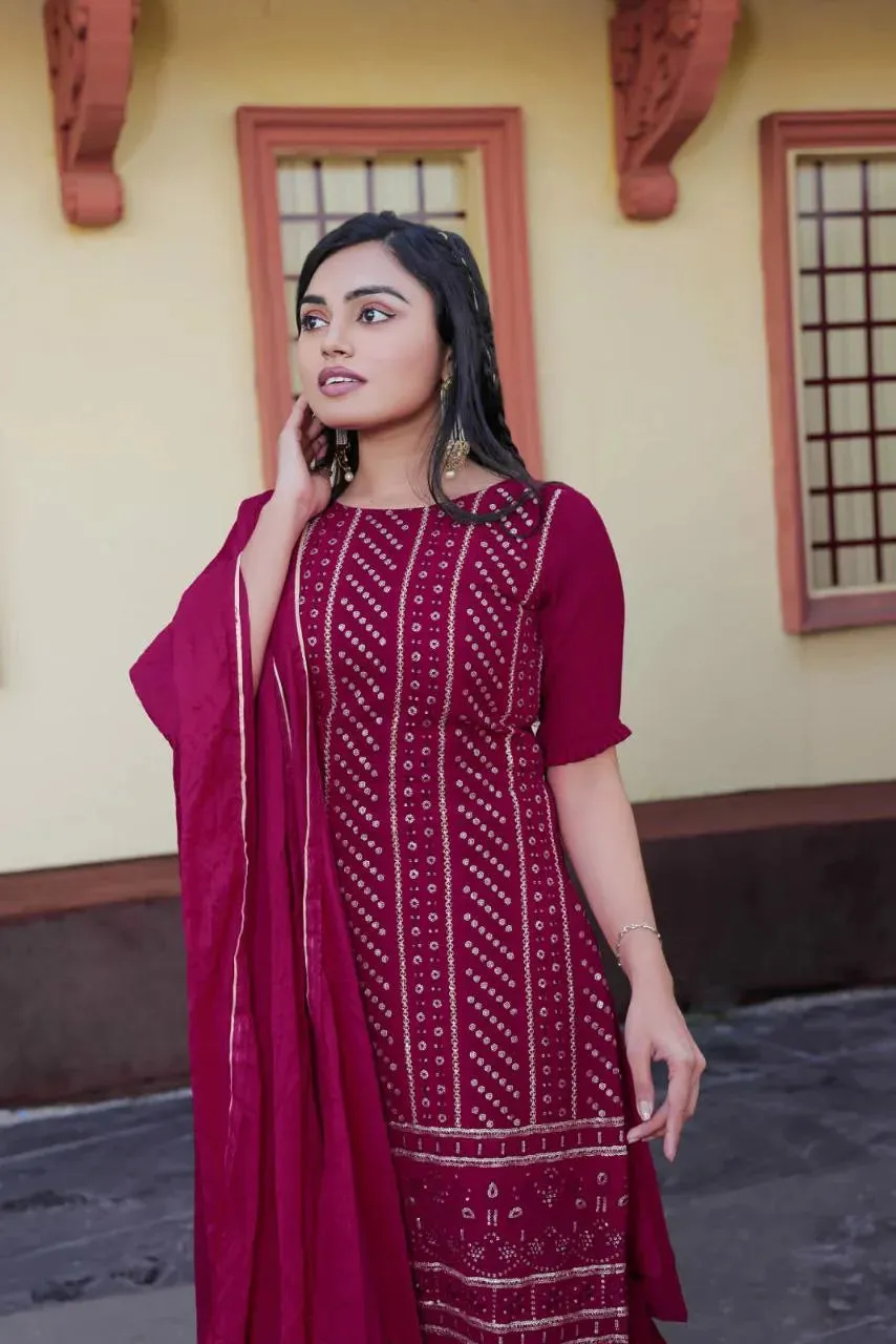 Women's Maroon Sharara Suit with Embroidery