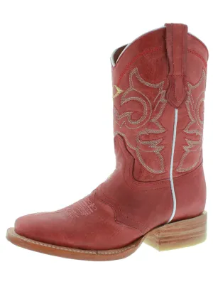 Womens MC560 Red Stitched Leather Cowboy Boots Square Toe