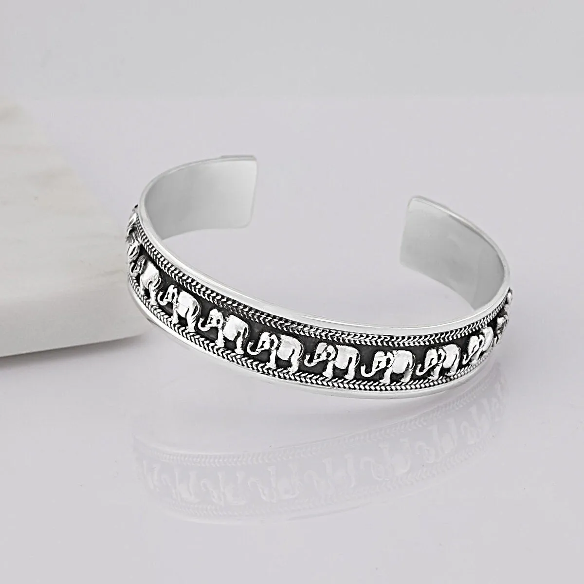 Women's Mens 925 Sterling Silver Elephant Cuff Bangle Bracelet