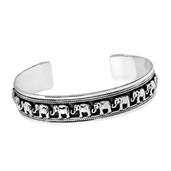 Women's Mens 925 Sterling Silver Elephant Cuff Bangle Bracelet