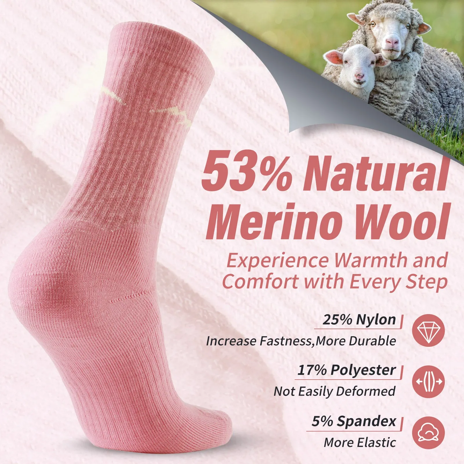 Women's Merino Hike Crew Socks Pink - 4 Pairs