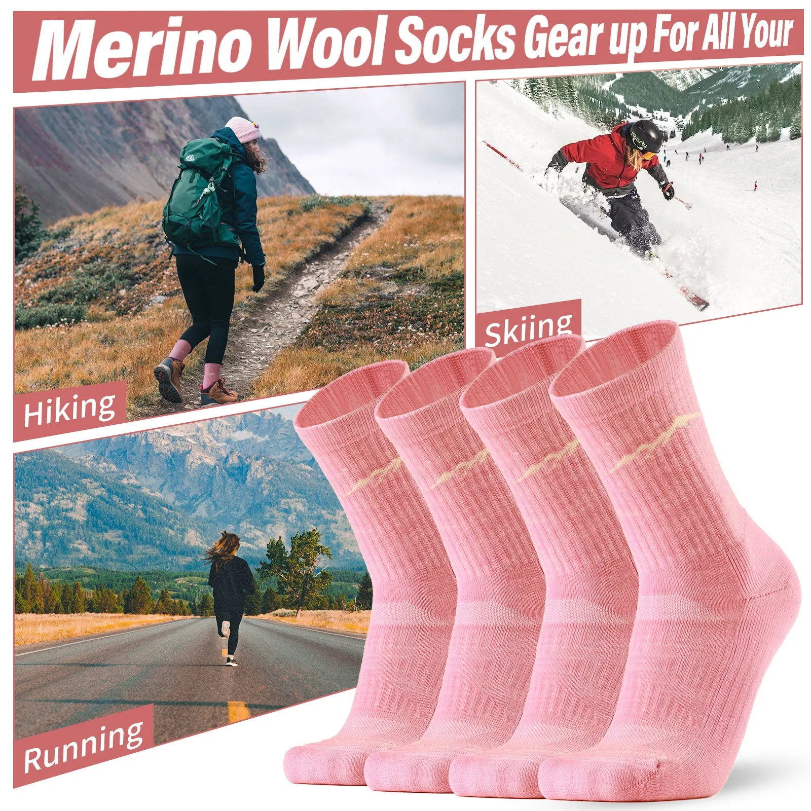 Women's Merino Hike Crew Socks Pink - 4 Pairs