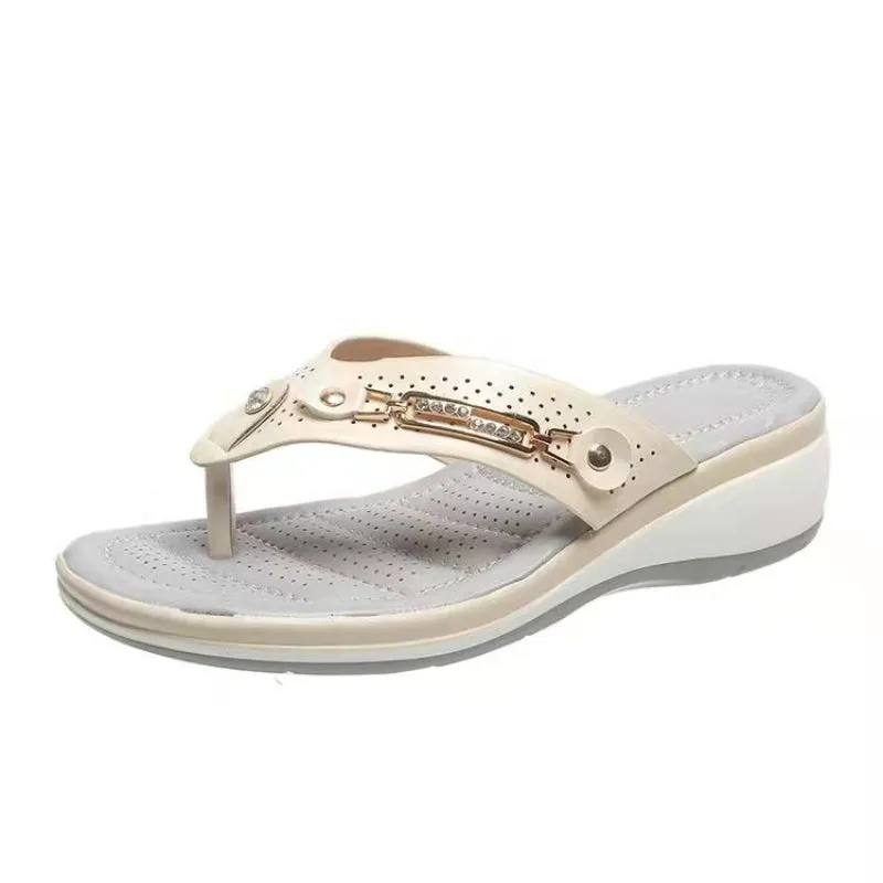 Women's Metal Buttons Decor Wedge Platform Flip Flops Sandals