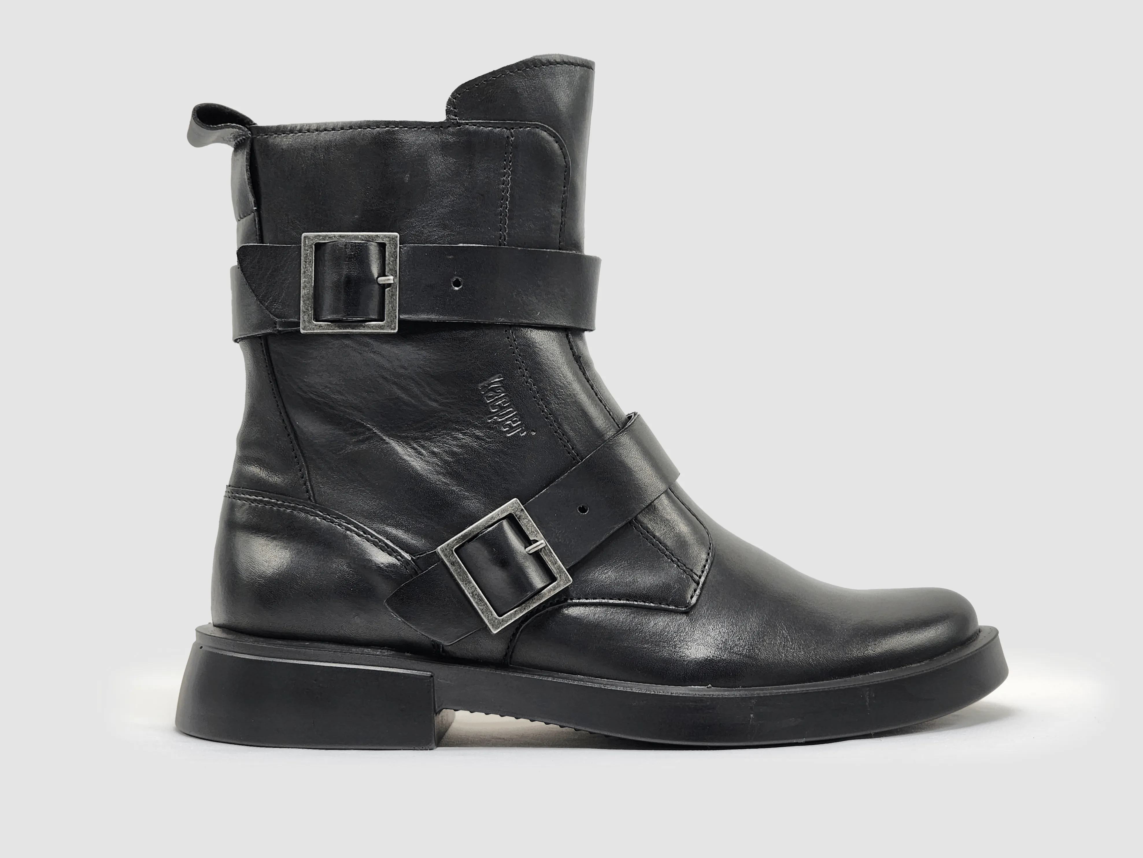 Women's Mid Buckle Leather Boots - Black