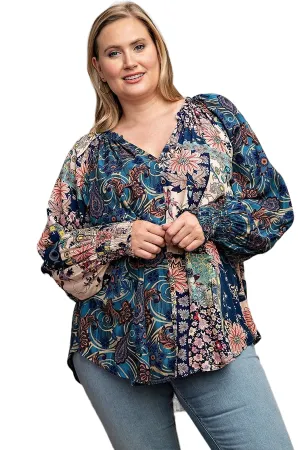 Women's Mixed print front button long sleeve top