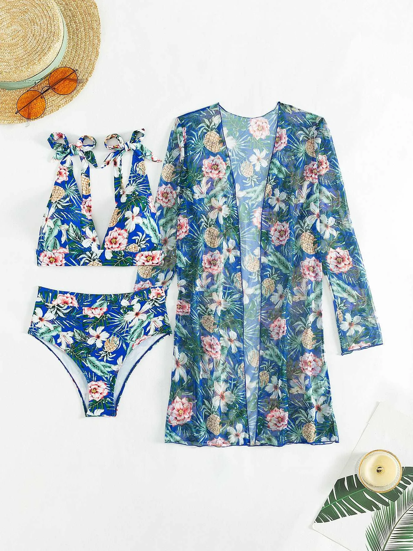 Women's Multicolor Printed Two-piece Swimsuit with Cover-up Robe