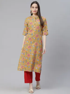 Women'S Mustard Printed Cotton Straight Kurta