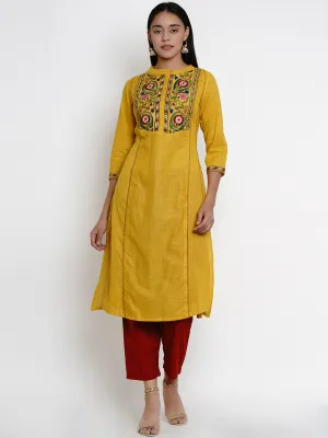 Women'S Mustard Yellow & Maroon Embroidered Kurta With Palazzos