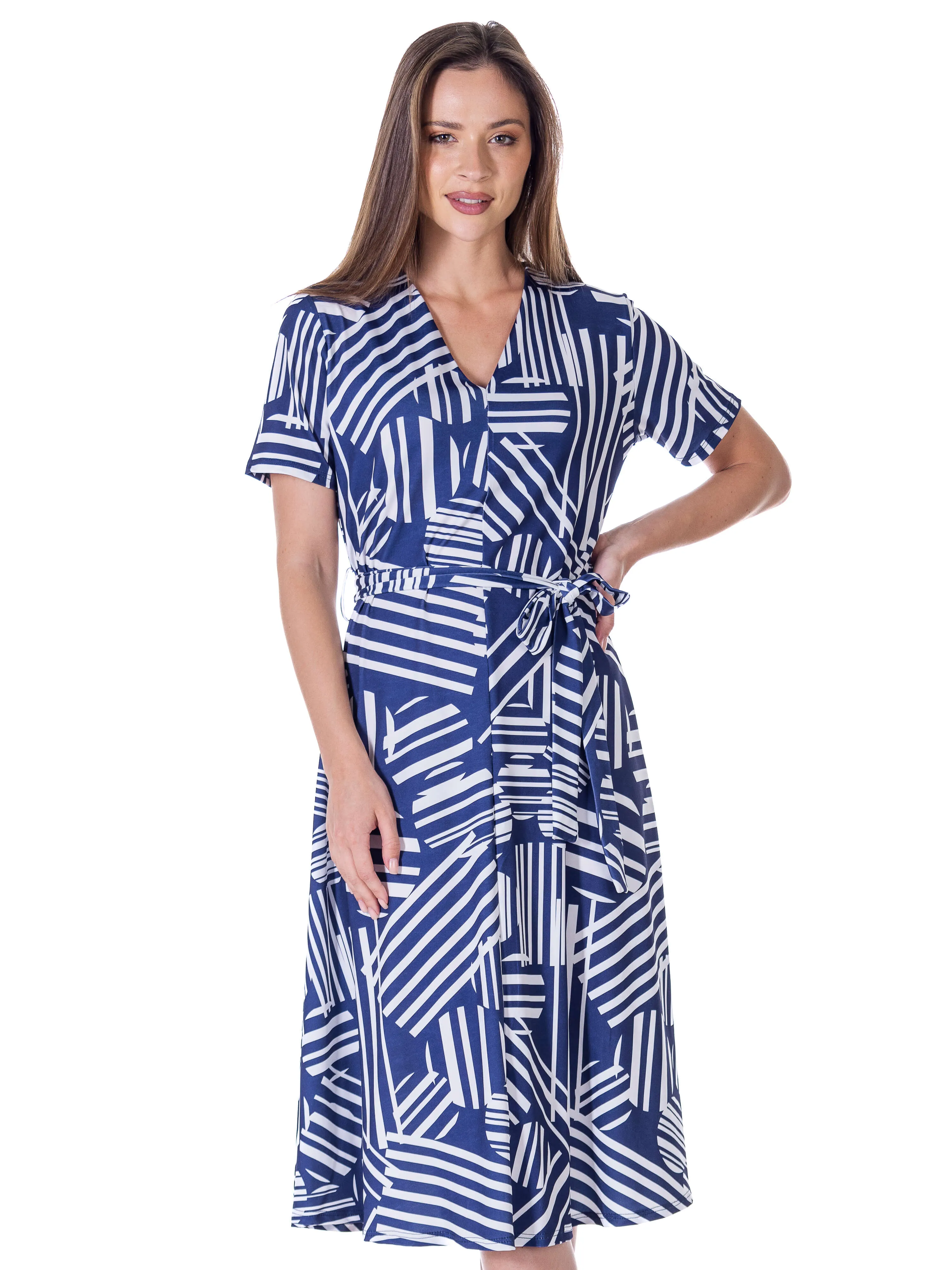 Womens Navy and White Short Sleeve Tie Waist Midi Dress