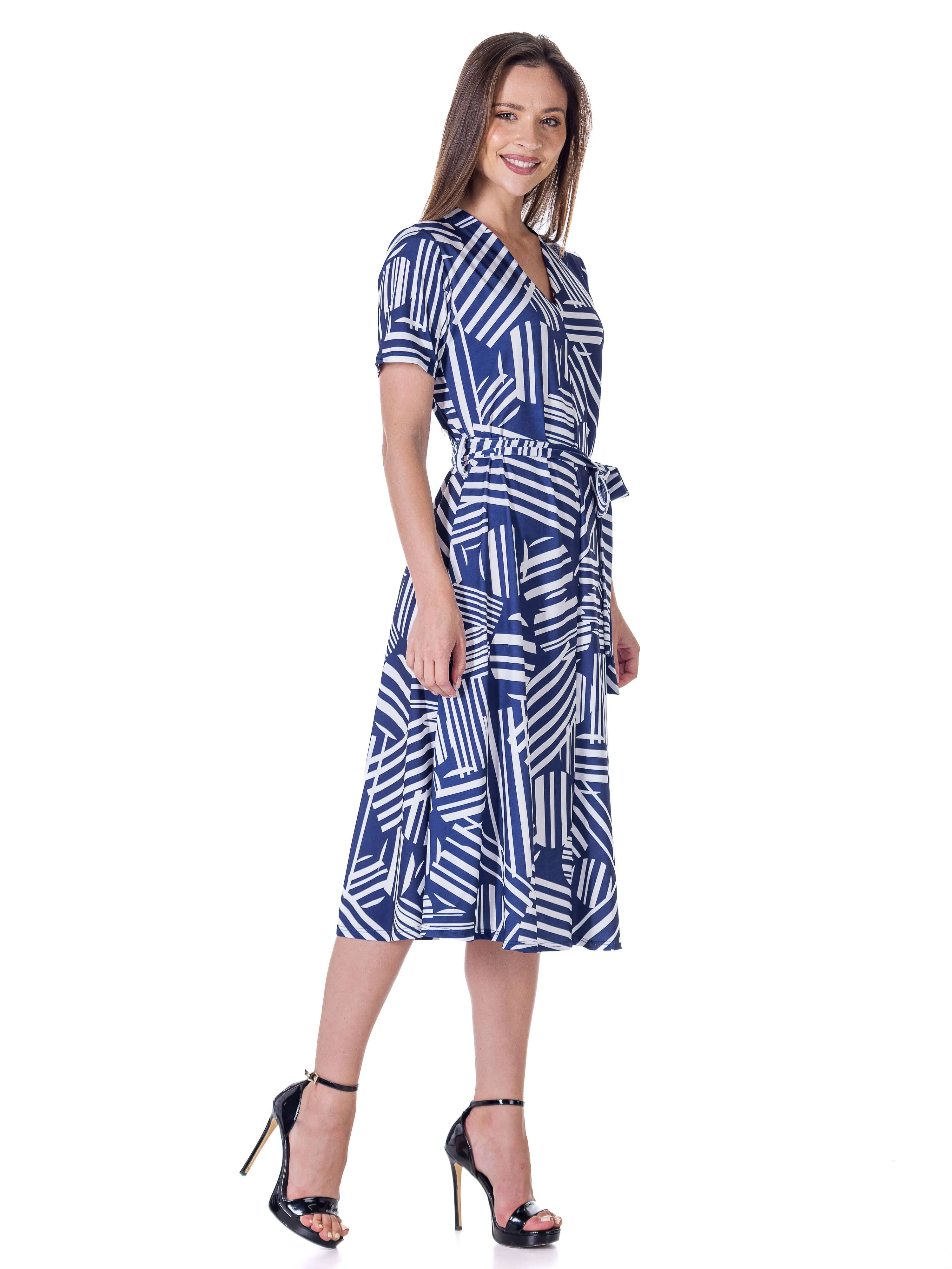 Womens Navy and White Short Sleeve Tie Waist Midi Dress