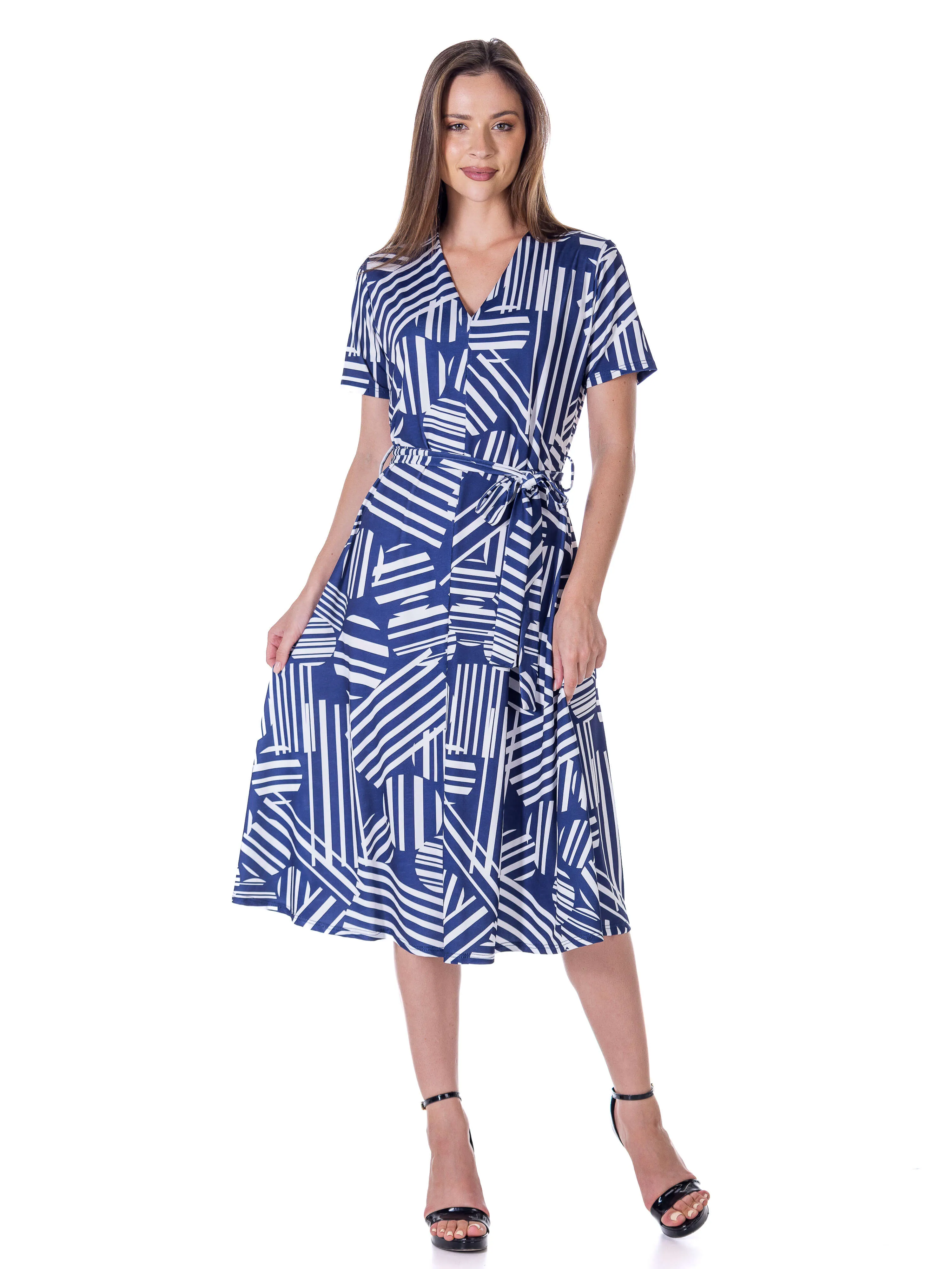 Womens Navy and White Short Sleeve Tie Waist Midi Dress