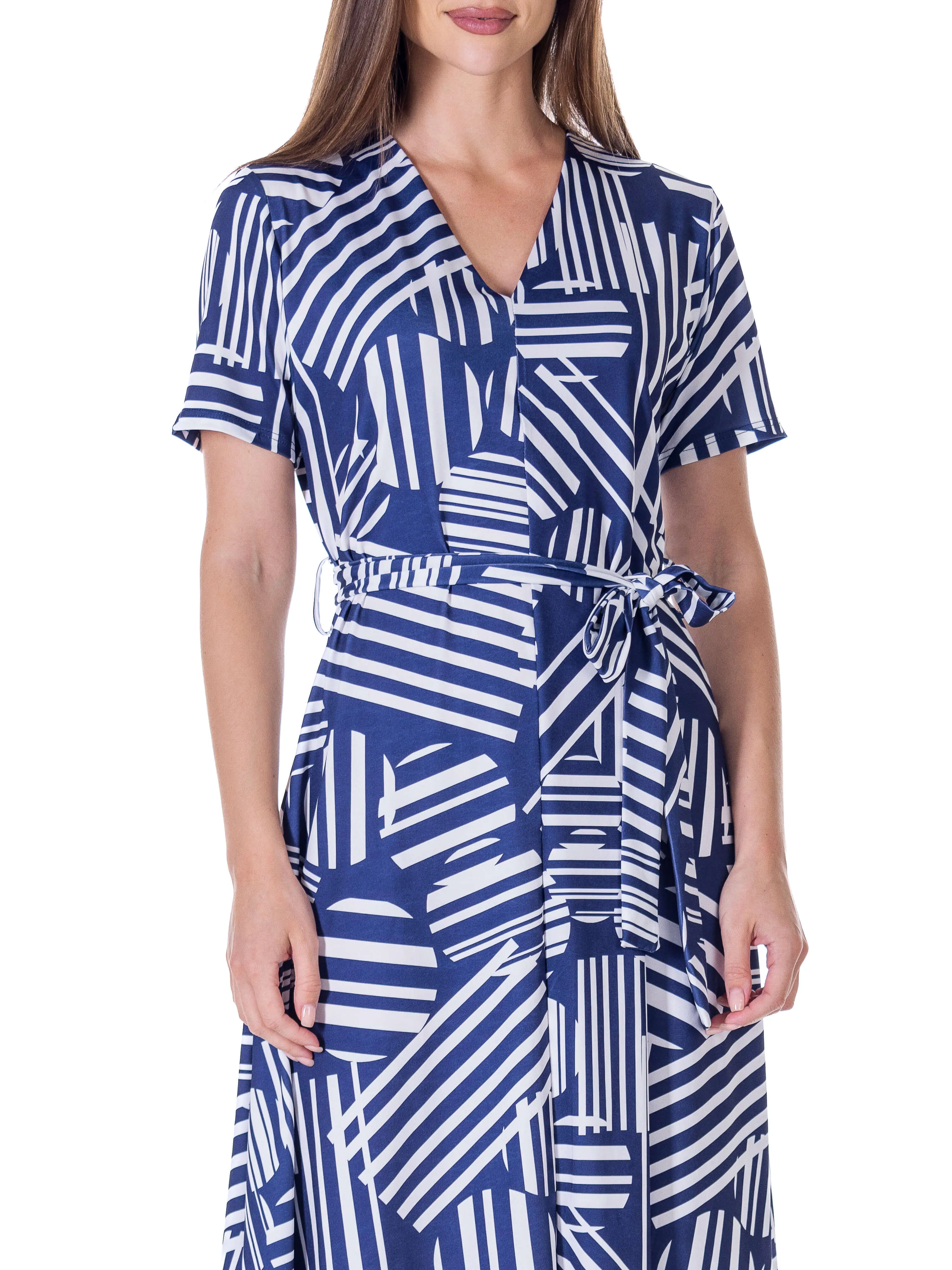 Womens Navy and White Short Sleeve Tie Waist Midi Dress