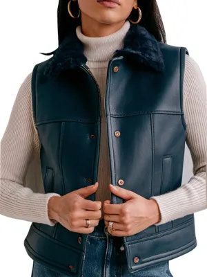 Women's Navy Blue Leather Vest with Faux Fur Collar