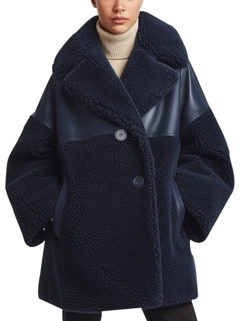 Women's Navy Blue Oversized Shearling leather Coat