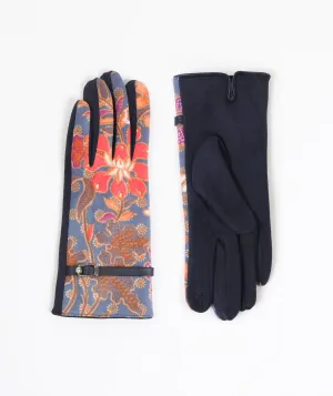 Womens Navy Faux Suede Floral Print Gloves