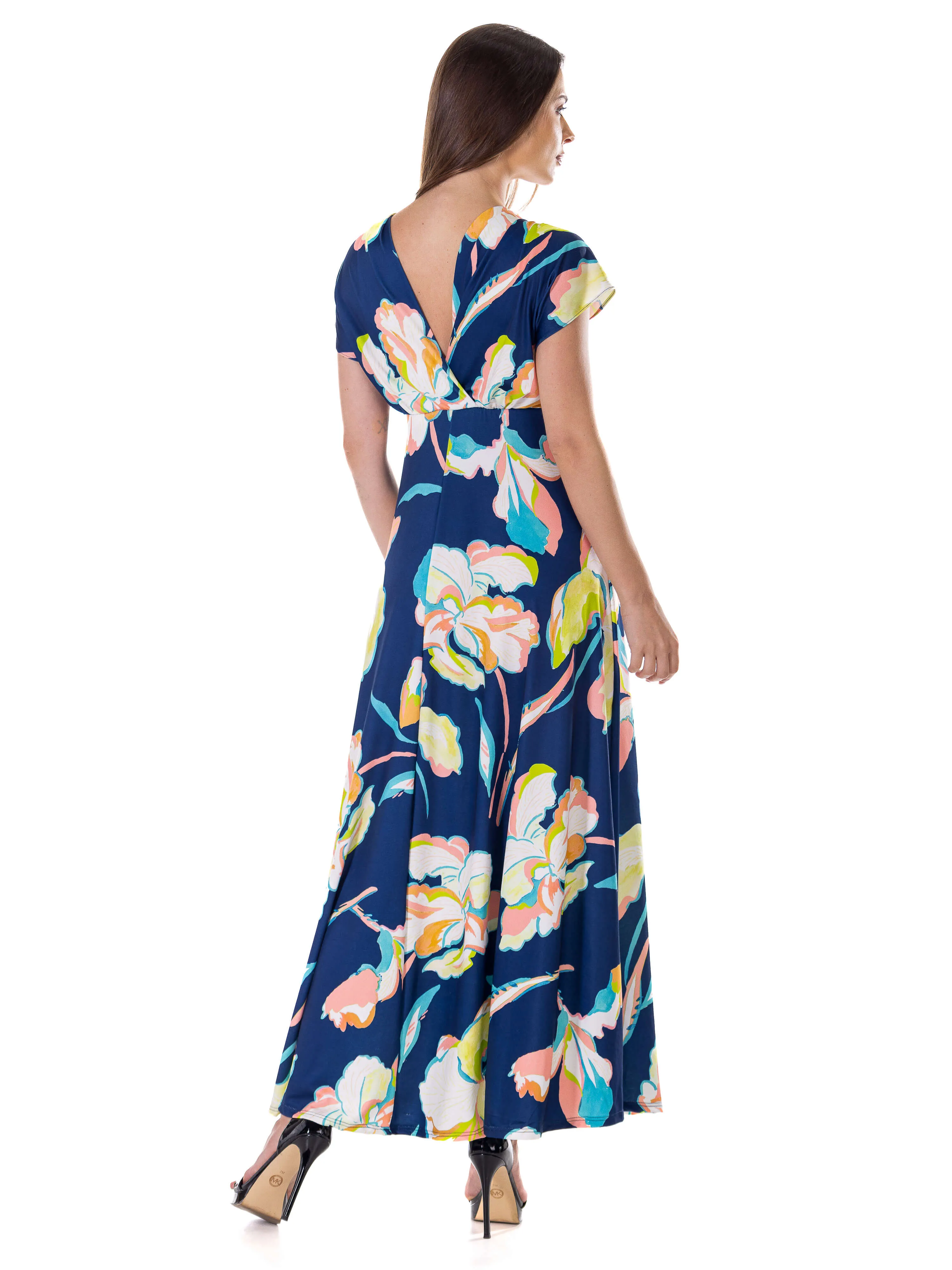 Womens Navy Floral Print V Neck Empire Waist Kimono Cap Sleeve Maxi Dress