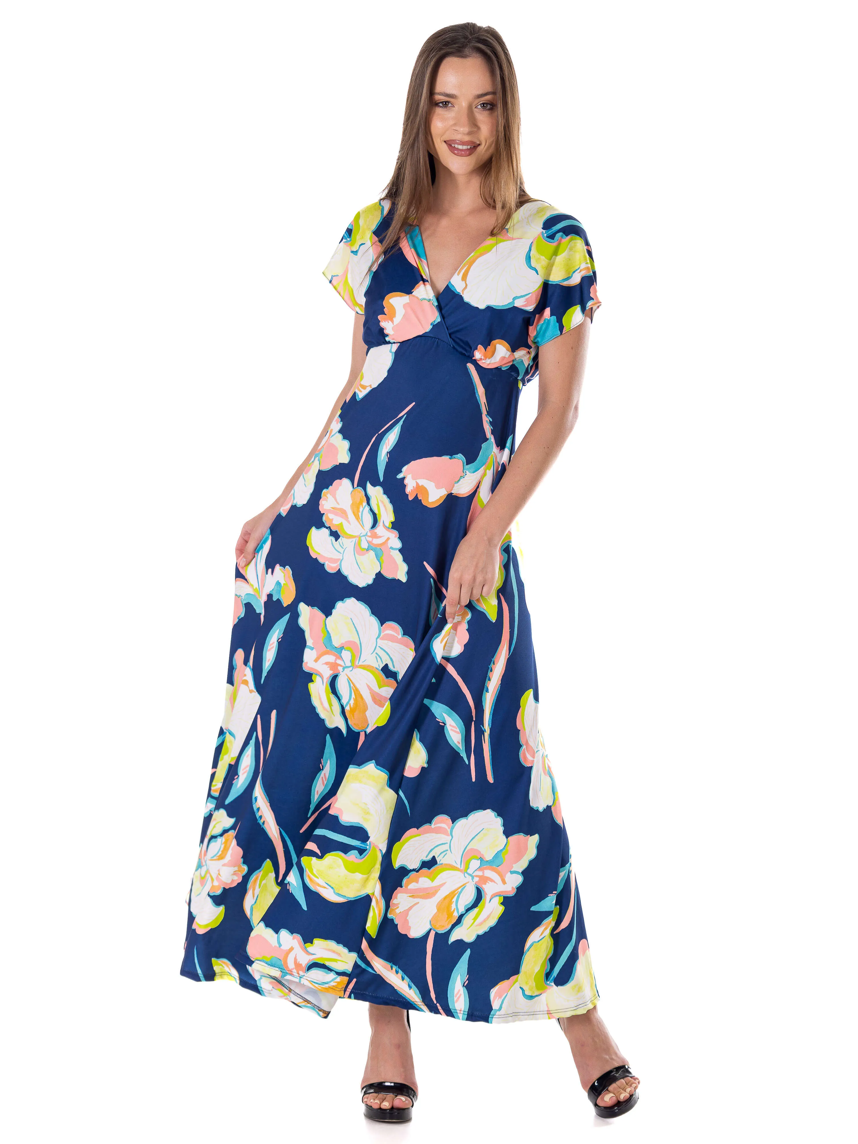 Womens Navy Floral Print V Neck Empire Waist Kimono Cap Sleeve Maxi Dress