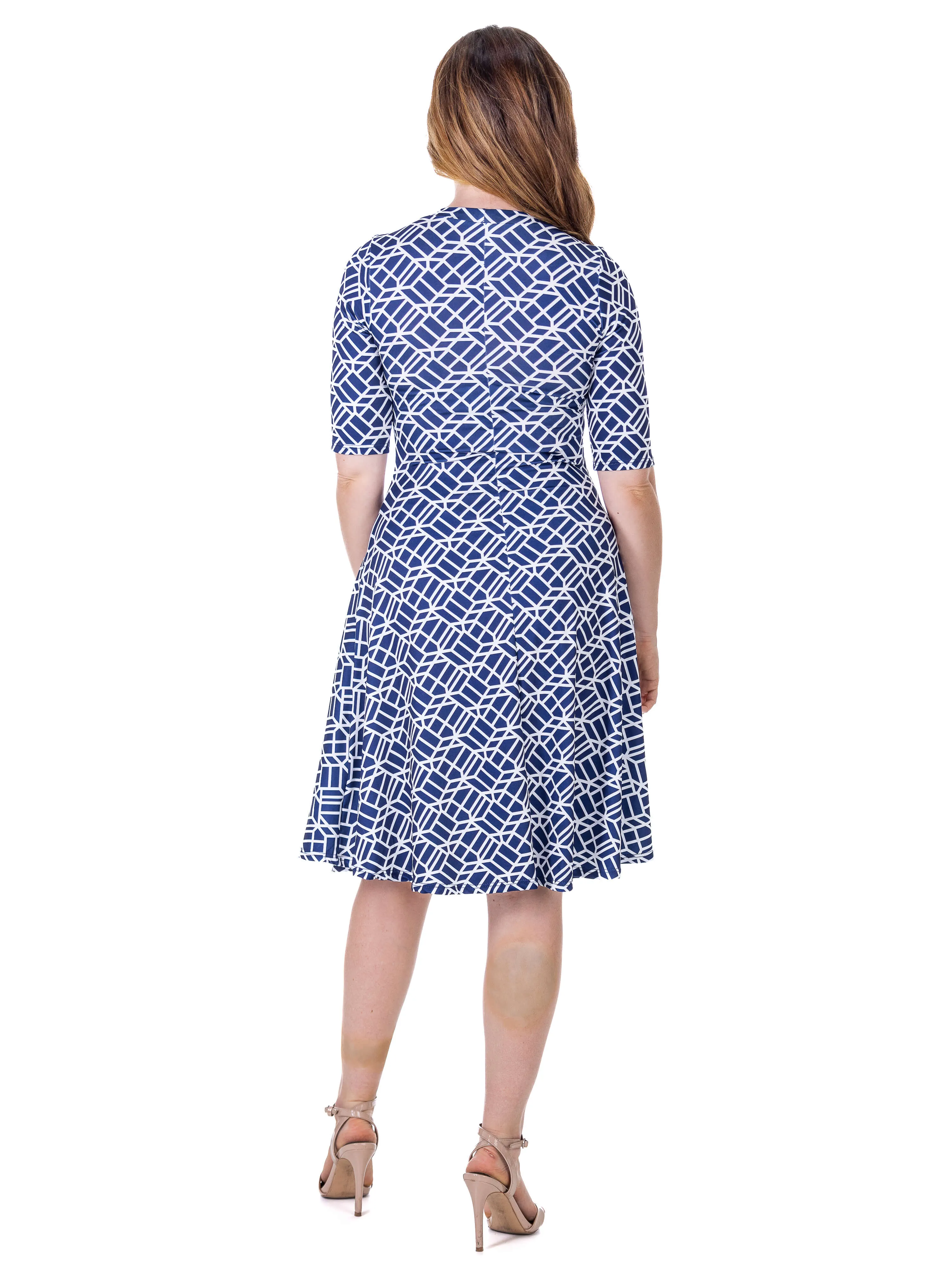 Womens Navy Geometric Print Knee Length Elbow Sleeve Dress