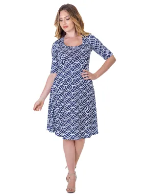 Womens Navy Geometric Print Knee Length Elbow Sleeve Dress