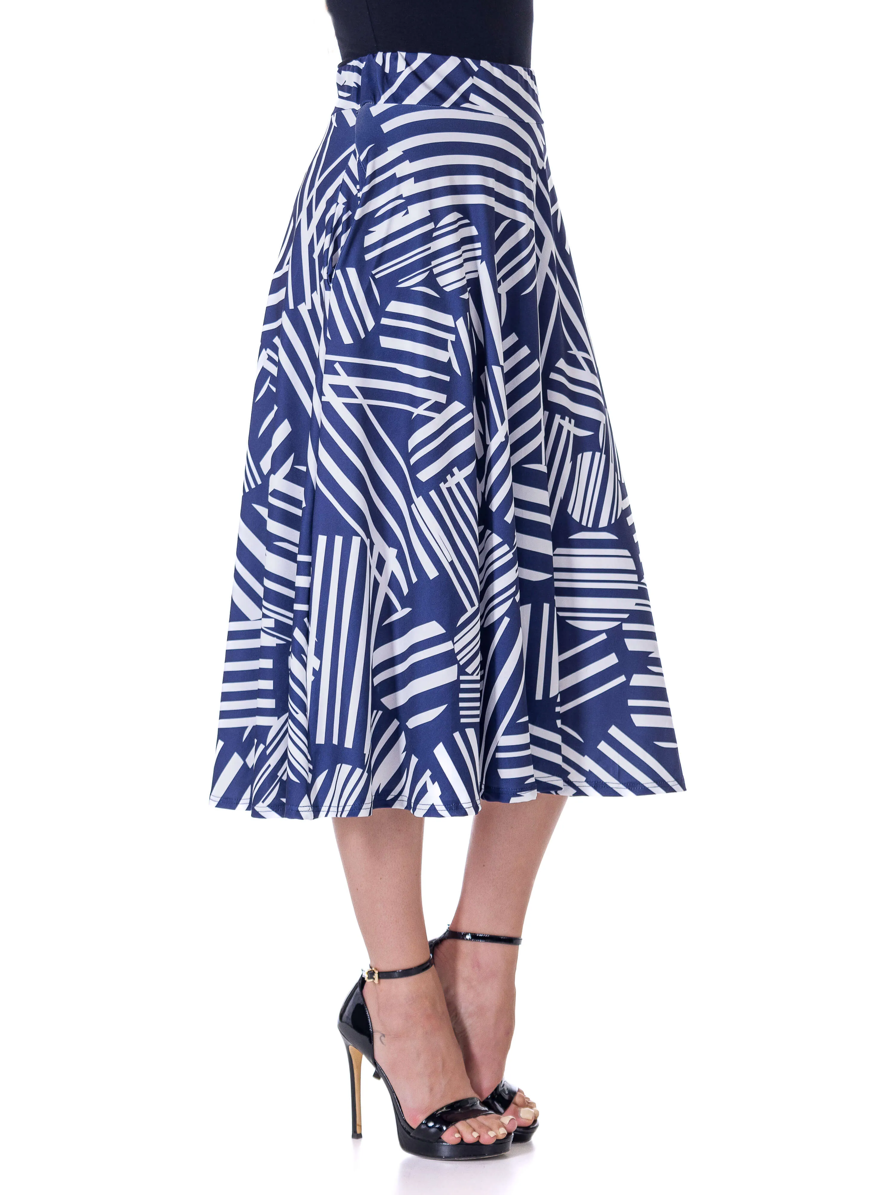 Womens Navy Geometric Print Pleated Midi Skirt With Pockets