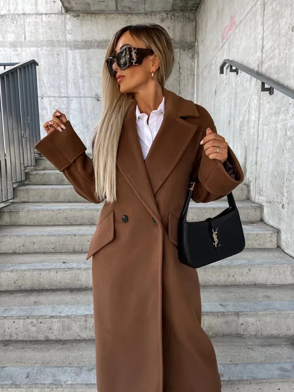 Women's new long-sleeved suit collar double-breasted woolen coat top