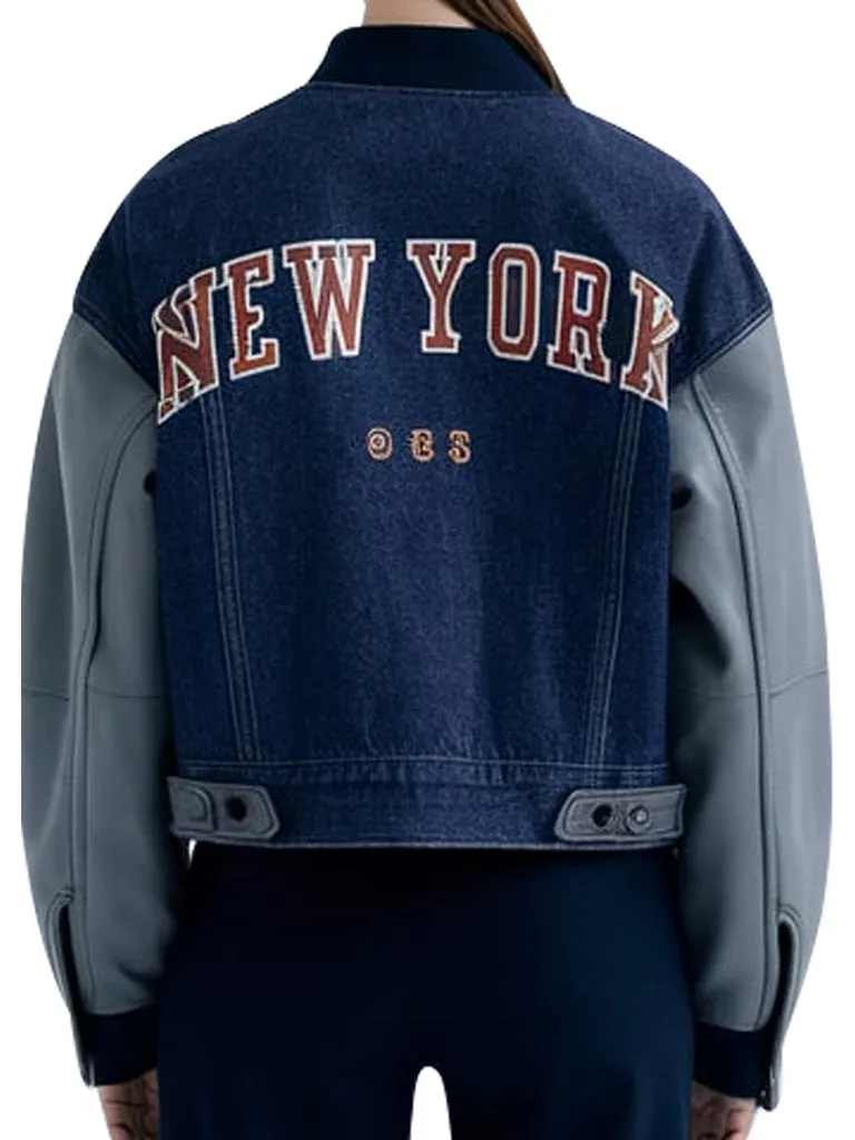 Women's New York Denim Varsity Jacket With Leather Sleeves