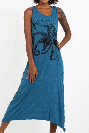 Womens Octopus Long Tank Dress in Denim Blue