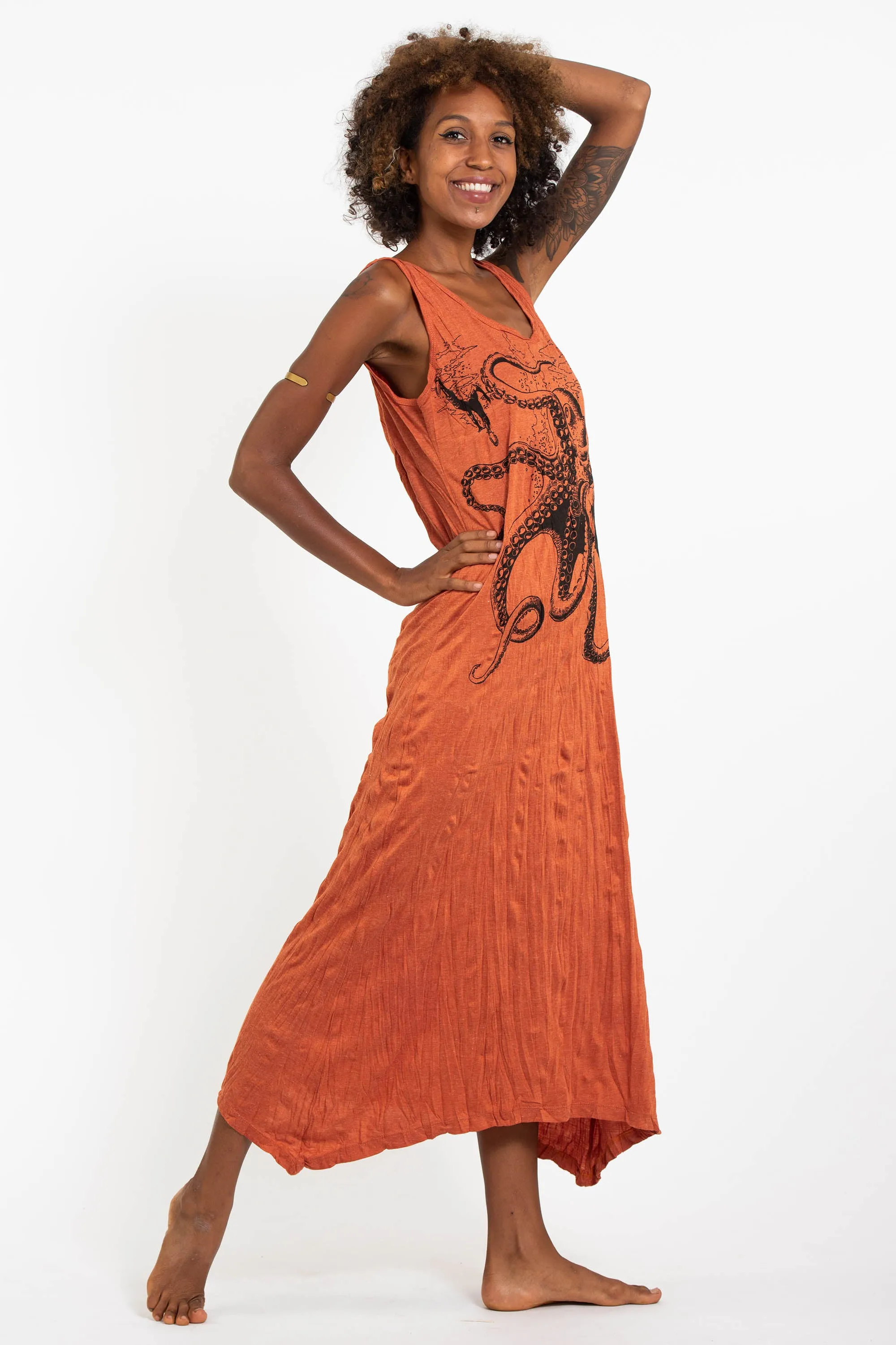 Womens Octopus Long Tank Dress in Orange