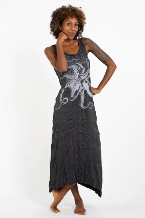 Womens Octopus Long Tank Dress in Silver on Black