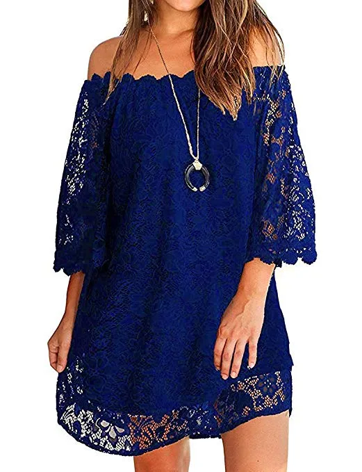 Women's Off Shoulder Flowy Vintage Lace Shift Loose Mini Dress