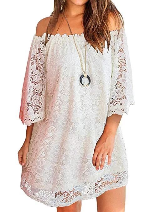 Women's Off Shoulder Flowy Vintage Lace Shift Loose Mini Dress