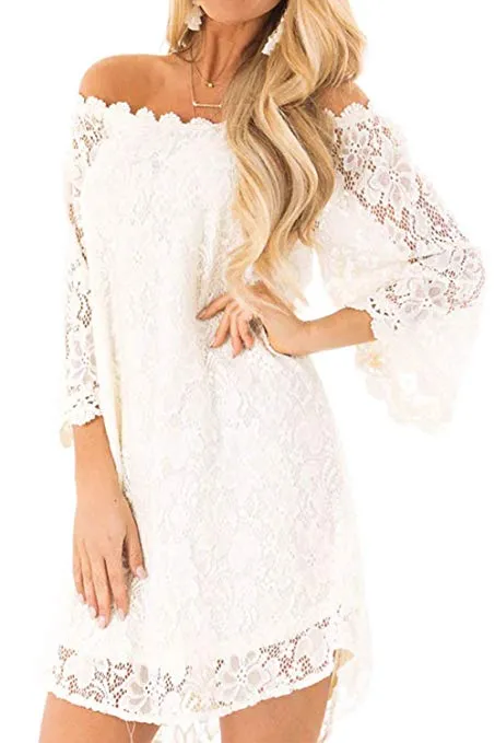 Women's Off Shoulder Flowy Vintage Lace Shift Loose Mini Dress