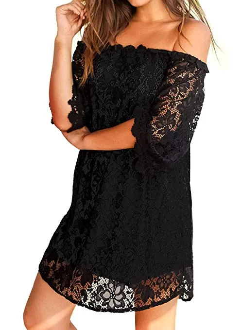 Women's Off Shoulder Flowy Vintage Lace Shift Loose Mini Dress